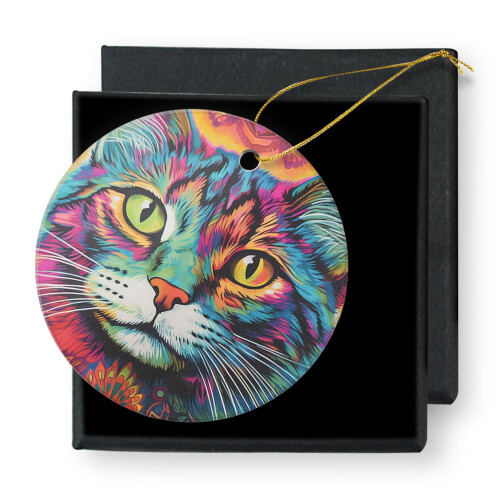 Ceramic Christmas Ornament – Cat & Yellow Daisy, 3 Inch