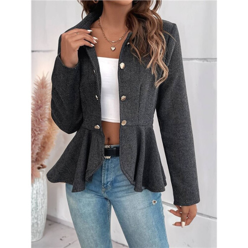 Elegant Women Blazer Business Work Office Peplum Hem Jacket Open Front Herringbone Coats Black M 1
