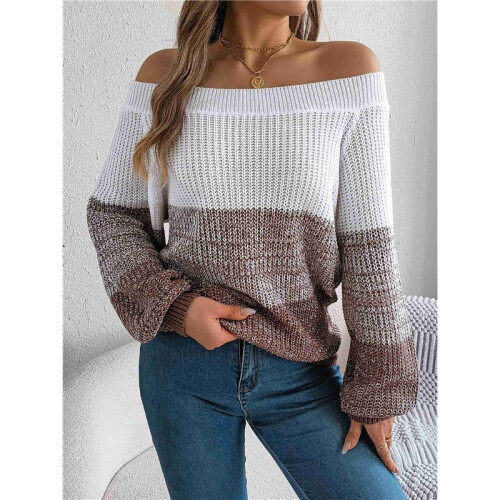 Damen Häkelstrick Lässiger Farbblock Schulterfrei Trendy Pullover Pullover Laternenärmel Warme Oberteile Kaffee S 1