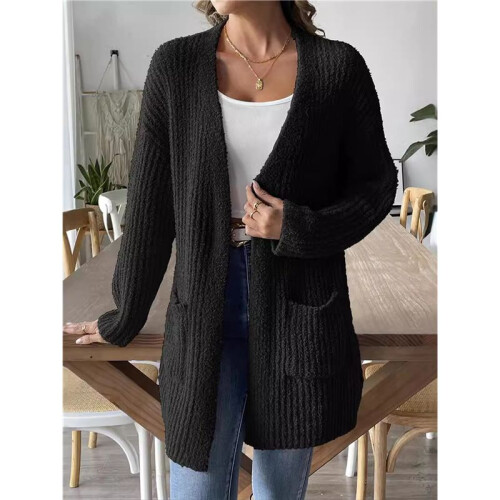 Offene Vorderseite Damen Lässiger Herbstpullover Langarm mit Taschen Pullover Strickjacke Schwarz L 2