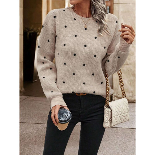 Damen-Pullover mit Punkten, Langärmelig, Rundhalsausschnitt, Strickpullover-Oberteile Khaki S 2