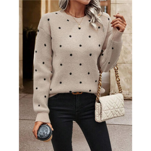 Damen-Pullover mit Punkten, Langärmelig, Rundhalsausschnitt, Strickpullover-Oberteile Khaki S 1