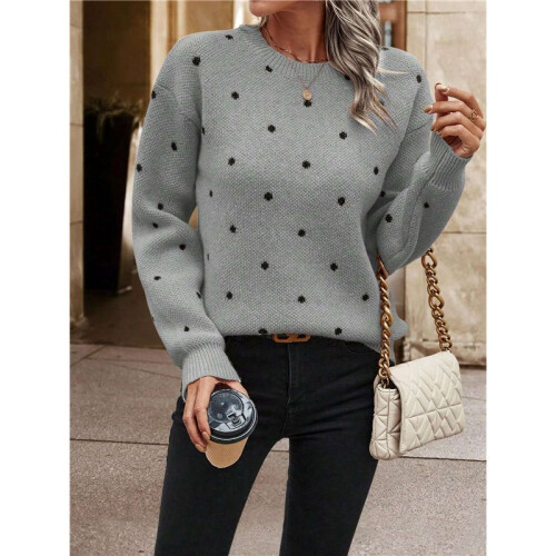 Damen-Pullover mit Punkten, Langärmelig, Rundhalsausschnitt, Strickpullover-Oberteile Grau S 2