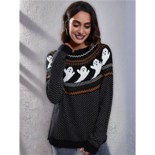 Damen Lässiger Strickpullover mit Geister-Print, Langarm, Rundhalsausschnitt Schwarz S 2