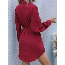 Damen Langarm Midi Long Shirt Kleid Casual Solid Button Down Curved Bottom Kleider Tops mit Gürtel Weinrot S