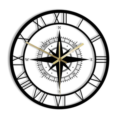 LED Transparent Wall Clock Black Nautical Compass Design 1