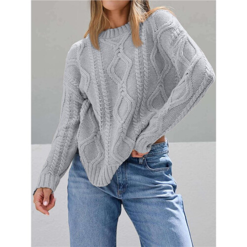 Women'S Oversized Cable Knit Crewneck Sweaters Gray S 1