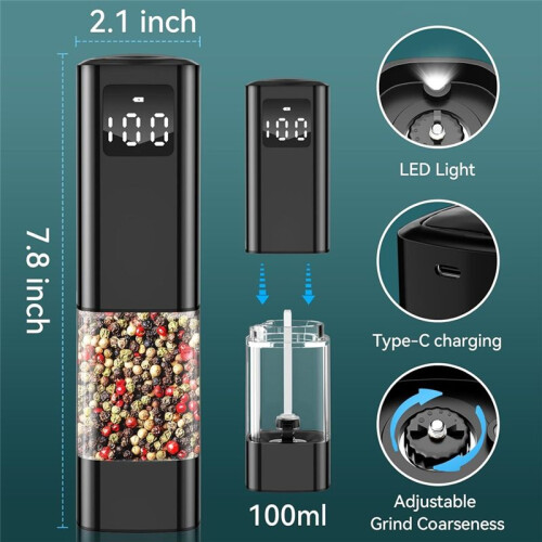 Electric Salt and Pepper Grinder Set with Digital Display,Automatic Salt Pepper Mill Grinder Adjustable Coarseness 1