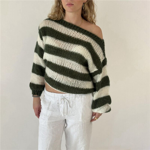 Damen Oversize-Pullover mit Streifen, Farbblock-Strick, Langarm-Sweatshirt, Lockerer Pullover, Y2K-Preppy-Pullover Armeegrün S 2