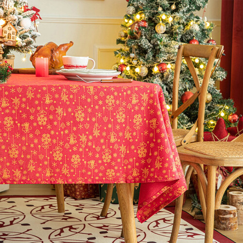 Red Rectangular Christmas Bell Snowflake Tablecloth 1