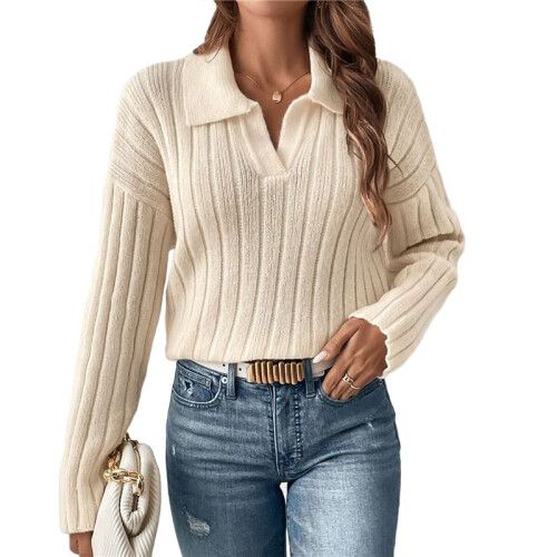 Damen Zopfmusterpullover Langarm V-Ausschnitt Pullover Tops Lässige Pullover Shirts Herbstmode Outfits Aprikose S