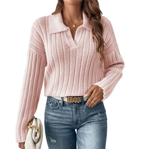 Damen Zopfmusterpullover Langarm V-Ausschnitt Pullover Tops Lässige Pullover Shirts Herbstmode Outfits Rosa XL