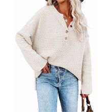 Damskie Swetry Oversize w Stylu Nietoperza, z Długim Rękawem, Luźnym Dekoltem w Serek, Zapinane na Guziki, Bluzki Henley, Sweter Dzianinowy