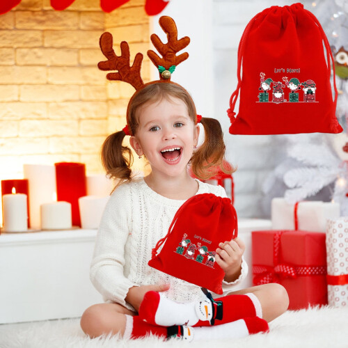 Red Christmas flannel drawstring bag 8x6 inch 1