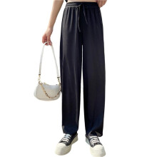 Damen-Loungehose mit Weitem Bein und Waffelstrick, Hoher Elastischer Bund, Fließende Pulloverhose mit Kordelzug Schwarz S