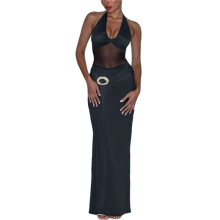 Women'S Mesh Splicing Open Back Slim Maxi Dress Halter Neck Strap Dress Formal Cocktail Dress Black L