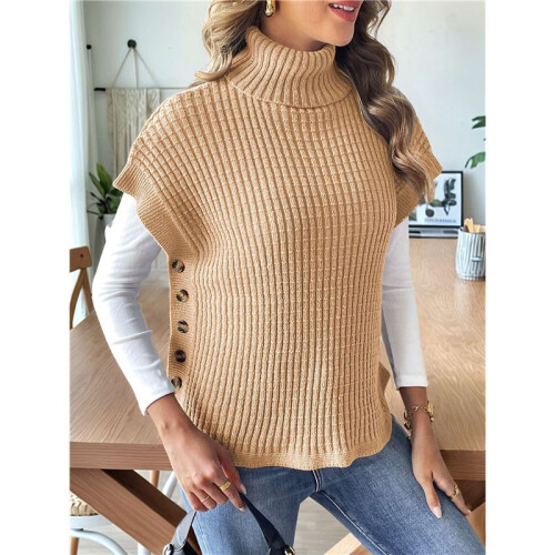 Damen-Pulloverweste mit Flügelärmeln, Rollkragen, Geripptes Strick-Tanktop, Basic-Slim-Fit-Oberteil Kamel Einheitsgröße 2