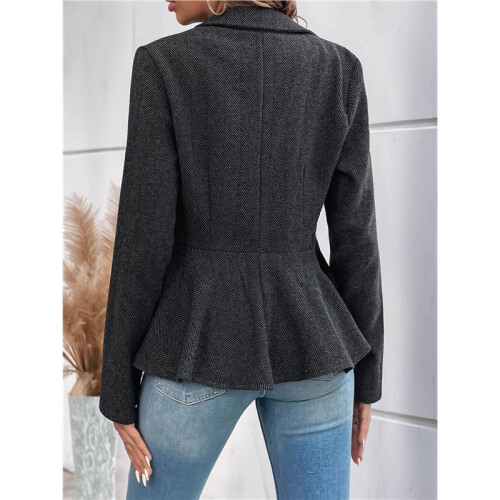 Elegant Women Blazer Business Work Office Peplum Hem Jacket Open Front Herringbone Coats Black M 2