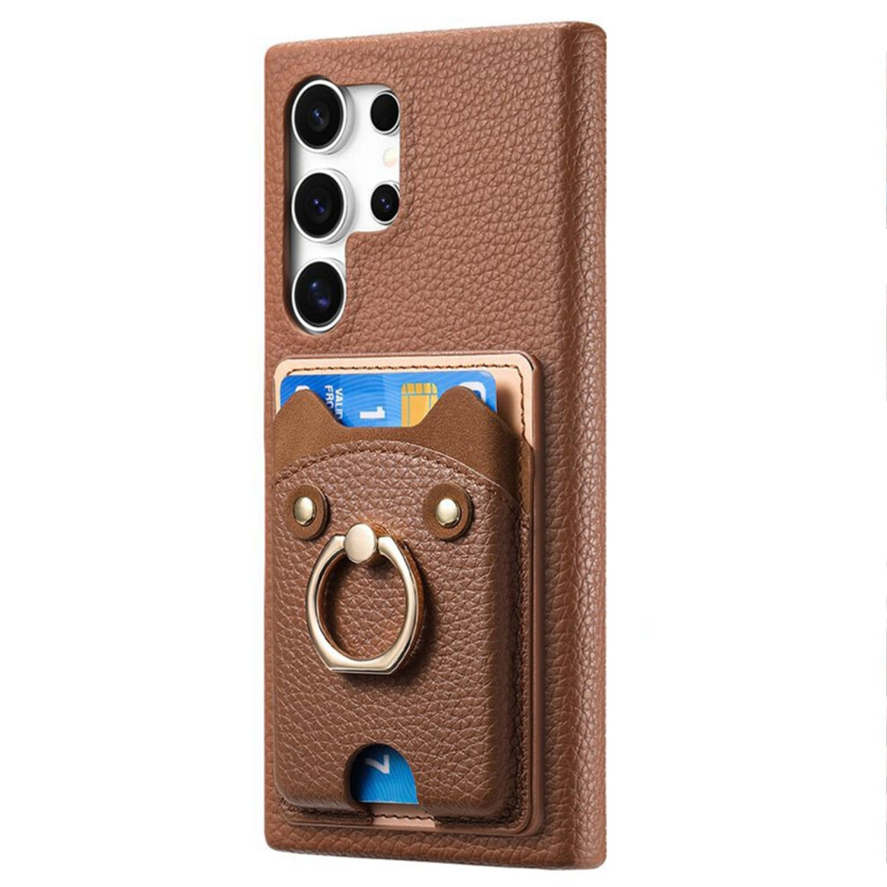 Leather Shockproof Cover With Card Pocket And Builtin Stand For Samsung Galaxy S25 Ultra Brown 9330225816126