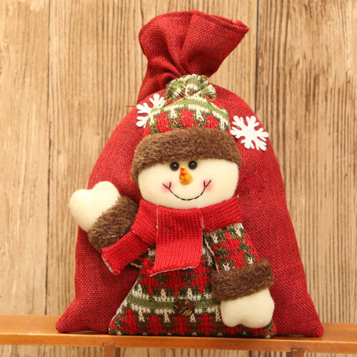 Sacola de presente de Natal 3D em linho com boneco de neve e estilo velhinho.