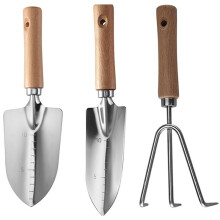 The 3-Piece Garden Wooden Handle Small Shovel Includes a Wide Shovel, a Pointed Shovel and a Three-Toothed Rake