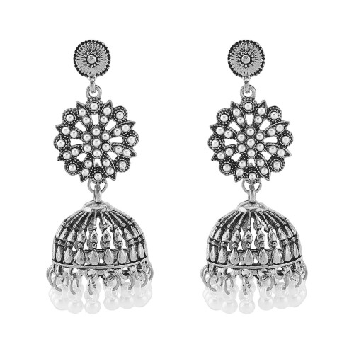 Boucles d'oreilles thème bohème en alliage-rond blanc perle K