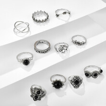 11Pcs/Set Vintage Antique Silver Color Rhinestone Boho Ring Set for Women Geometric Knuckle Midi Ring Set