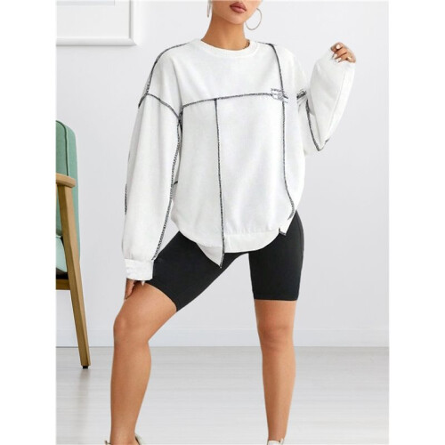 Women Long Sleeve Sweathirts Pullover Tops White M 2