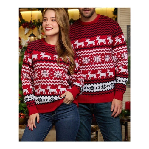 Couples' Casual Christmas Sweater Raglan Sleeve Crew Neck Knitted Pullover Comfy Warm Fall Tops Red (Men) M 1