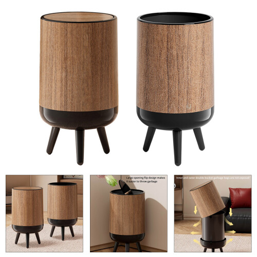 High Legged Waste Bin Plastic Wood Grains Trash Can-With cover 2