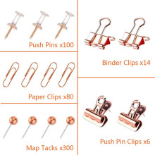 Push Pins Binder Clips Paper Clips Map Tacks Sets, 5 Styles 500 Pcs Rose Gold Pack for Office, School and Home Supplies