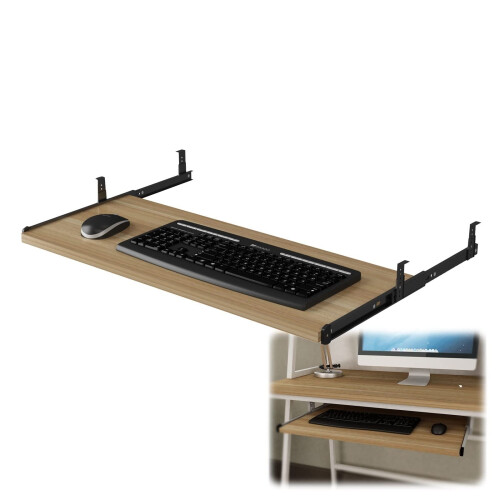 Under Desk Keyboard Tray with Smooth Sliding Rail, Adjustable Ergonomic Walnut Pull Out Shelf for Home Office