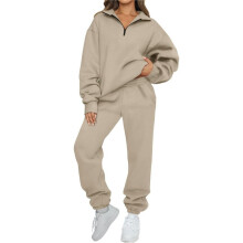 Completi da Donna In 2 Pezzi, con Maglione A Maniche Lunghe con Mezza Zip e Pantaloni Larghi Della Tuta con Tasche Cachi S