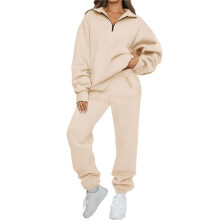 Dames 2-Delige Loungesets met Lange Mouwen, Halve Rits en Baggy Joggingbroek met Zakken Abrikoos S