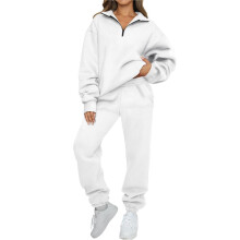 Dames 2-Delige Loungesets met Lange Mouwen, Halve Rits en Baggy Joggingbroek met Zakken Wit M