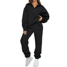 Dames 2-Delige Loungesets met Lange Mouwen, Halve Rits en Baggy Joggingbroek met Zakken Zwart XXXL