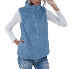 Dames Coltrui Mouwloos Warm Pluche Vest met Rits Herfst Winter Vest Jas met Zakken Hemelsblauw 4XL