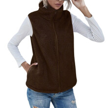 Dames Coltrui Mouwloos Warm Pluche Vest met Rits Herfst Winter Vest Jas met Zakken Donkerbruin L