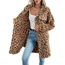 Damen Kunstpelz Lange Jacke Fleece Leopardenmuster Button-Down-Mäntel Revers Flanell Winter Herbst Oberbekleidung Dunkelbraun XL