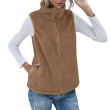 Dames Coltrui Mouwloos Warm Pluche Vest met Rits Herfst Winter Vest Jas met Zakken Kaki M