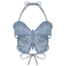 Barr Bearrtha do Mhná le Dearadh Féileacán, Barr Halter Gan Droim le Mionsonraí Lása i bhFabraic Déinim, Camisole Sexy Bog agus Cairdiúil don