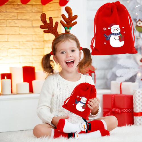 Red Christmas flannel drawstring bags 8x6 inch 1
