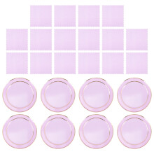 Conjunto de 32 peças de pratos e guardanapos descartáveis na cor roxa.