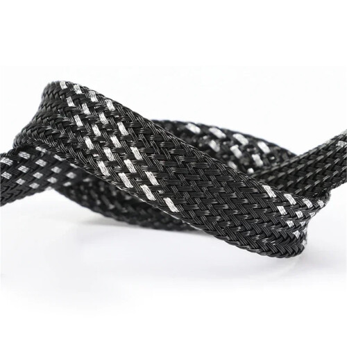 8mm Black Silver PET Braided Cable Sleeve 1 Meter,  Density Cable Management Wrap for Desk and Electronics 1