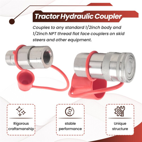 1/2Inch NPT Hydraulic Coupler Skid Steer  Flat Face Quick Connect Couplings with 2PCS Dust Cap 1