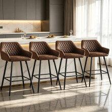(4pcs, BROWN(Suede)) Set of 4 Bar Stools Suede Padded Seat&Armrest Metal Legs Breakfast Chair