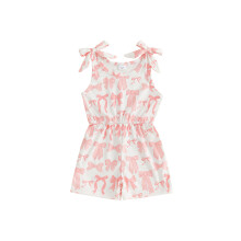 (2-3 Years, Pink) Toddler Baby Girls Summer Jumpsuit Casual Bow Print Waist-cinching Crew Neck Sleeveless Short Overalls