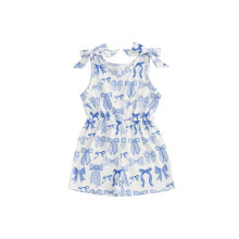 (4-5 Years, Blue) Toddler Baby Girls Summer Jumpsuit Casual Bow Print Waist-cinching Crew Neck Sleeveless Short Overalls