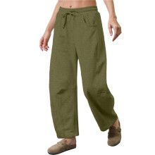 Dames Joggingbroek met Trekkoord, Elastische Taille, Wijde Pijpen, Casual Palazzobroek met Zakken Legergroen L