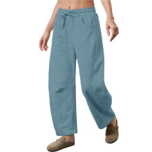 Dames Joggingbroek met Trekkoord, Elastische Taille, Wijde Pijpen, Casual Palazzobroek met Zakken Blauw S